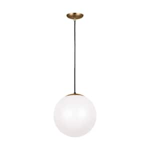 Leo Hanging Globe 14 in. 1-Light Satin Brass Pendant with Smooth White Glass Shade