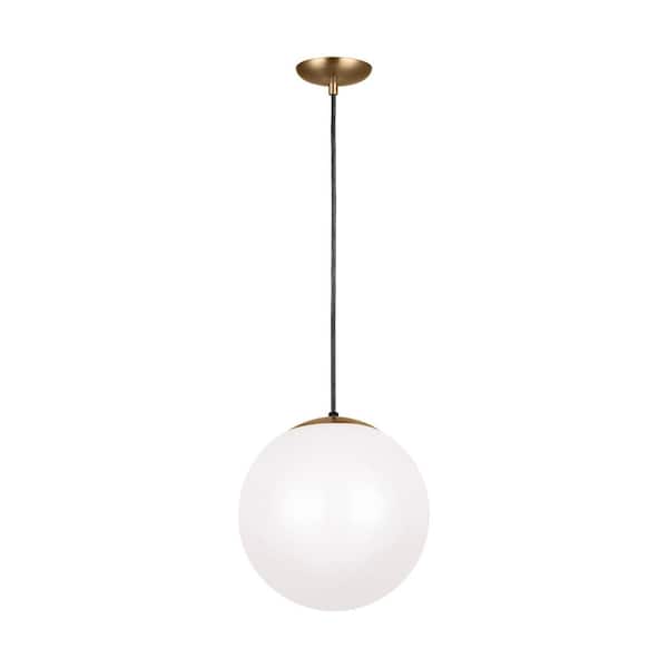 Generation Lighting Leo Hanging Globe 14 in. 1-Light Satin Brass Pendant with Smooth White Glass with LED Bulb