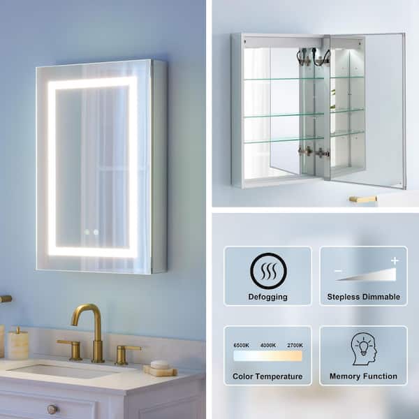 20 in. W x 30 in. H Rectangular Aluminum Recessed or Surface Mount Medicine Cabinet with Mirror,Light,R Soft Close Door