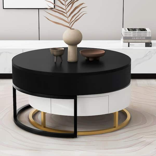 Modern Nesting 31.5 in. W Black and White Round Lift-Top MDF