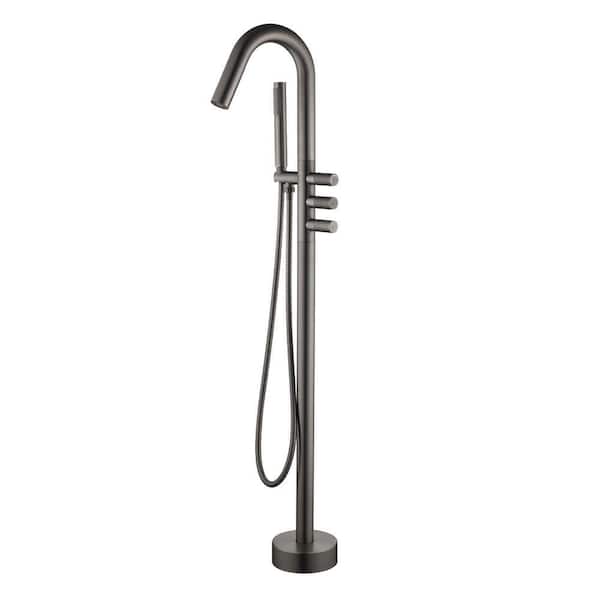 3-Handle 360° Spout Floor Mount Free Standing Claw Foot Tub Faucet with Hand Shower in Gun Gray