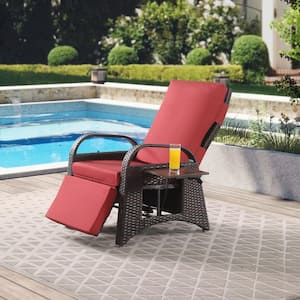 Menton Wicker Outdoor Chaise Lounge with Coffee Table Patio Recliner Chair with Brown Rattan in Red Cushion