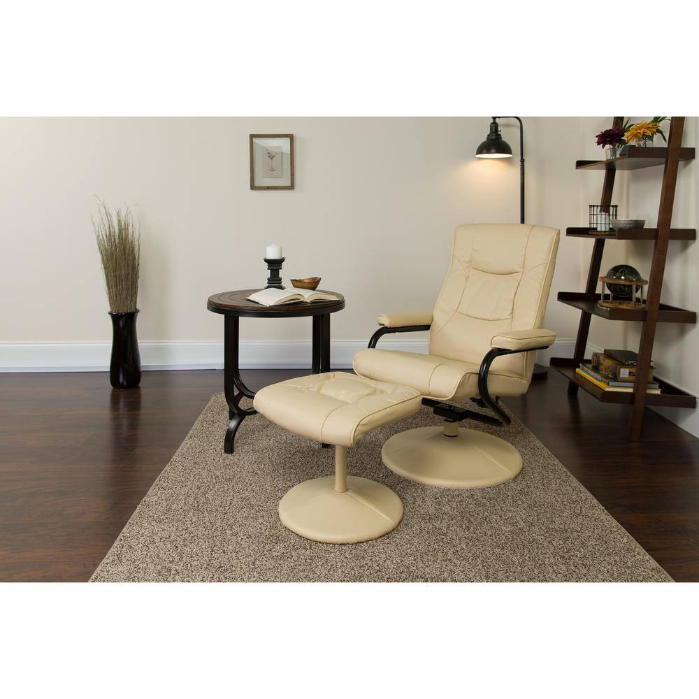 Cream Leather Swivel Recliner with Ottoman and Metal Base