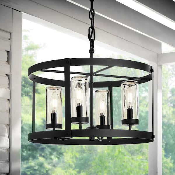 14.63 in. 4-Light Matte Black Dimmable Outdoor Pendant Light with Clear Glass Shades