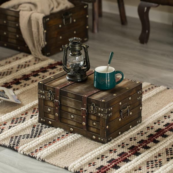 2個　木製トランクセット ダークブラウン Vintiquewise Small Wooden Brown Storage Trunk with Faux Leather