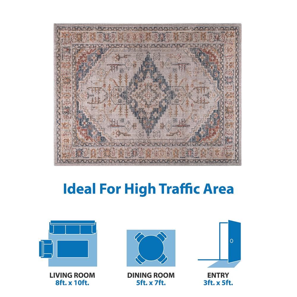 Blue and Beige Medallion Synthetic 8' x 10' Area Rug