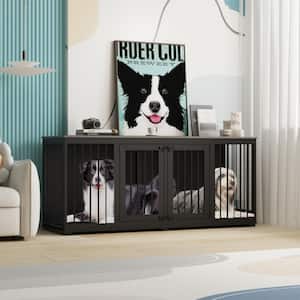 71 in. Heavy-Duty Wooden Dog Crate for 2 Dogs, Large Black Dog Crate Furniture w/Trays and Divider for Large Medium Dogs