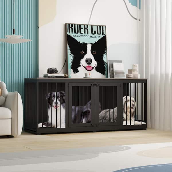 71 in. Heavy-Duty Wooden Dog Crate for 2 Dogs, Large Black Dog Crate Furniture w/Trays and Divider for Large Medium Dogs