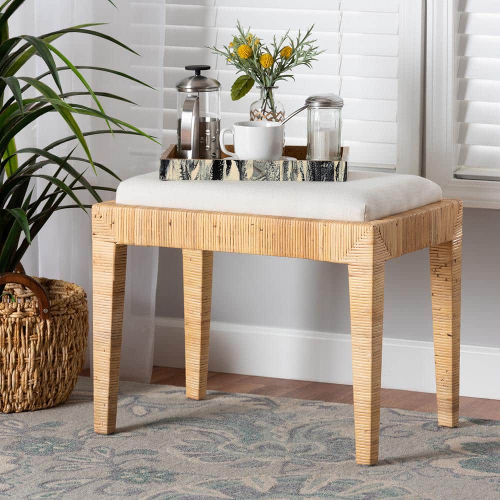 Sofia Natural Brown Rattan and Mahogany Wood Ottoman
