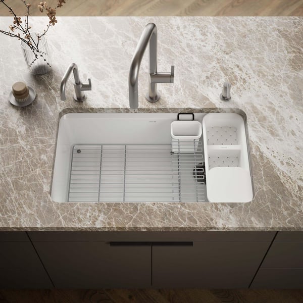 Riverby Workstation Undermount Cast Iron 33 in. 5-Hole Single Bowl Kitchen Sink Kit in White with Accessories