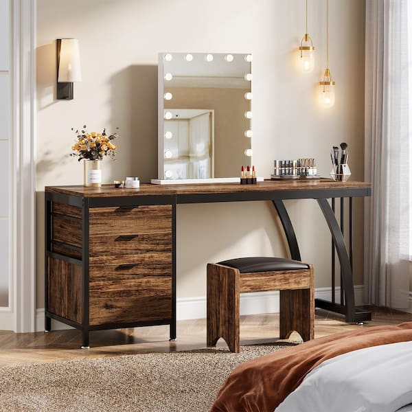 BYBLIGHT Helotes Rustic Brown Makeup Vanity Desk with 3 Drawers 59 in. Large Dressing Table with Reversible Drawers Only Desk