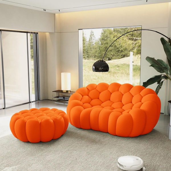Set of 2 Bubble Curved Sofa, 79 in. Sectional Sofa 2-Seater Couch with Ottoman in Orange