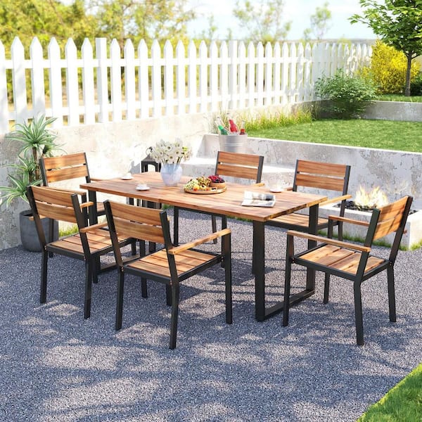 Black 7-Piece Wood Rectangular 29 in. Table Outdoor Dining Set 6 Armchairs with 2 in. Umbrella Hole