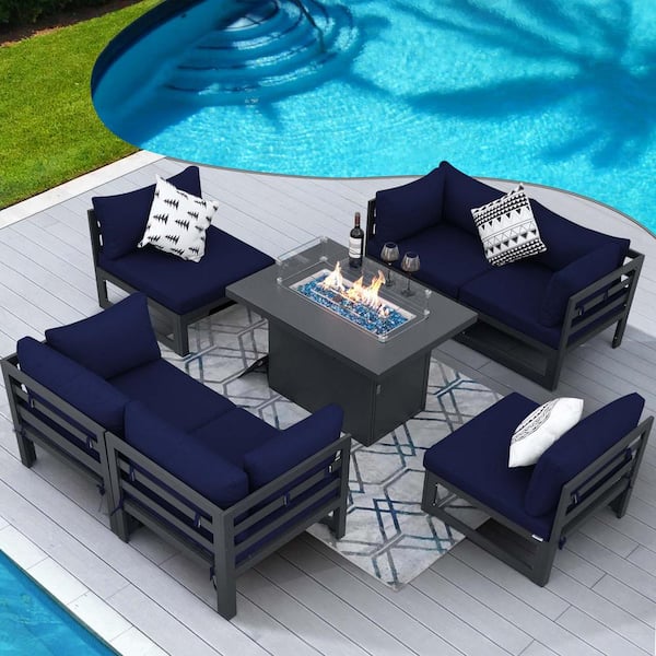 FINCATI Charcoal 7-Piece Aluminum Patio Conversation Deep Seating Set, Fire Pit Table and Navy Blue Cushions