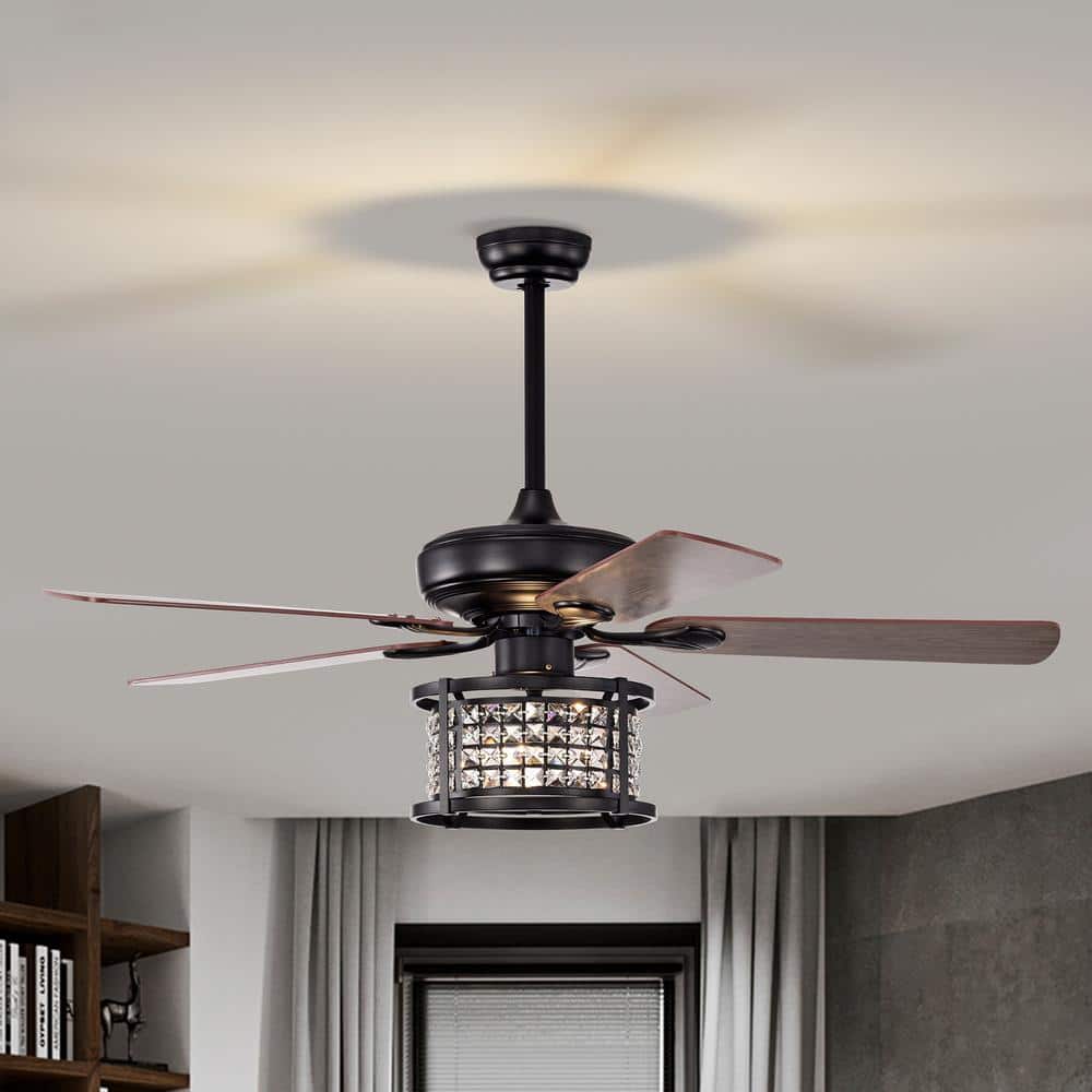FORCLOVER 52 in. Indoor Black 3-Speed Crystal Ceiling Fan