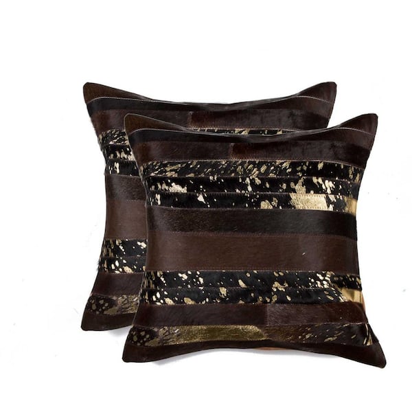 HomeRoots Josephine Gold Solid Color 18 in. x 18 in. Cowhide Throw Pillow (Set of 2)