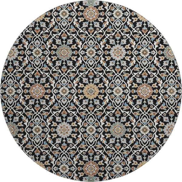 Mayfield Premium Machine Washable Abstract AMF2199 Black 8 ft. x 8 ft. Round Rug