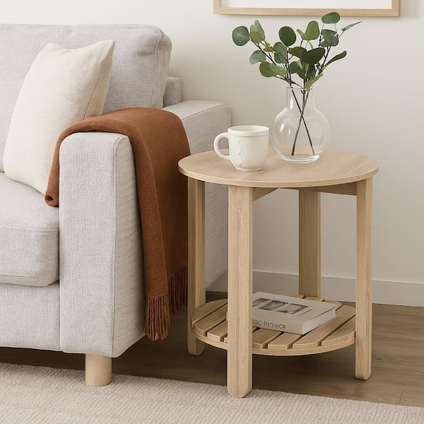 Fowl 22 in. Natural Brown Round Wood Side End Table with Slatted Lower Shelf