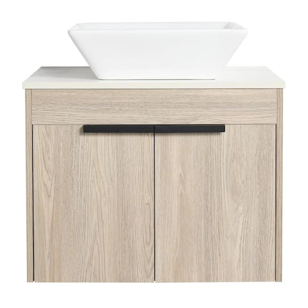 Boosicavelly 23.62 in. W x 18.9 in. D x 18.3 in. H Single Sink Wall Mounted Bath Vanity in White Oak with White Sintered Stone Top