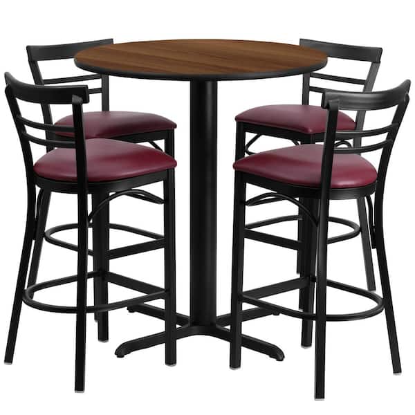 Carnegy Avenue 5-Piece Walnut Top/Burgundy Vinyl Seat Table and Chair Set