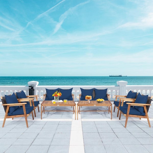 8PCS Wood Patio Conversation Set Sectional Sofa Set for Garden with Coffee Table and Navy Cushions