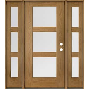BRIGHTON Modern 64 in. x 80 in. 3-Lite Left-Hand Inswing Satin Glass Bourbon Stain Fiberglass Prehung Front Door DSL