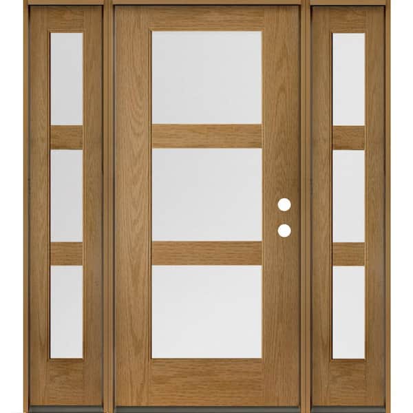 BRIGHTON Modern 64 in. x 80 in. 3-Lite Left-Hand Inswing Satin Glass Bourbon Stain Fiberglass Prehung Front Door DSL