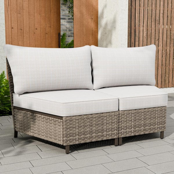 EAGLE PEAK 2-Piece Wicker Patio Curved Outdoor Conversation Set, Armless Middle Sectional Sofa with Beige Cushions