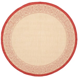Courtyard Natural/Red 5 ft. x 5 ft. Round Border Indoor/Outdoor Patio  Area Rug
