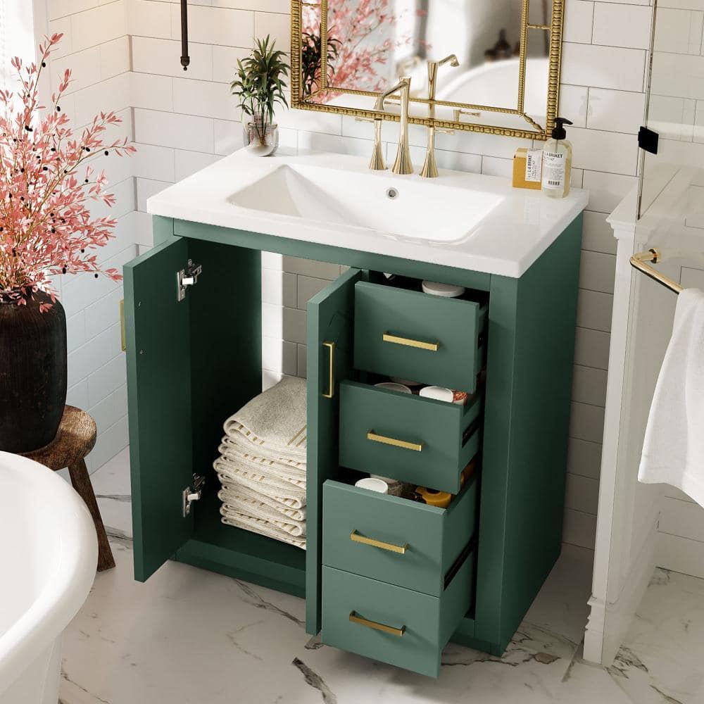 30 in.Single Sink Green Freestanding Bath Vanity with Ceramic Top,2 Soft-Close Droors,3 Drawers price history on PriceWatchPro