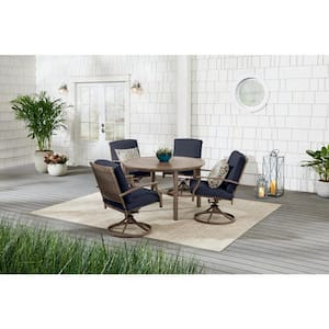 Geneva 5-Piece Brown Wicker Outdoor Patio Dining Set with CushionGuard Midnight Navy Blue Cushions