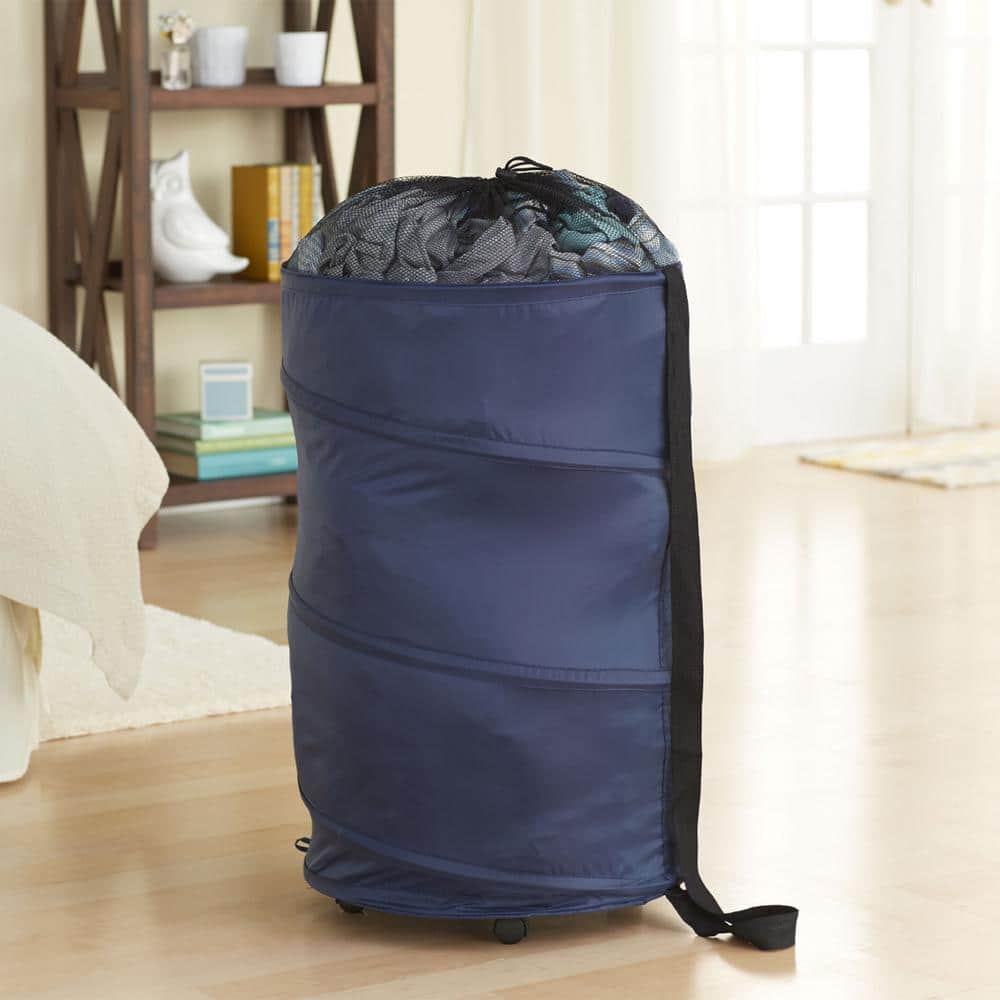 Blue Collapsible Upright Hamper with Wheels and Strap