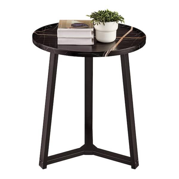 DANYA B Harper 19.7 in. MDF Round Accent Table with Mid-century Modern Crossed Metal Bold Pedestal Legs - Black Marble/Black
