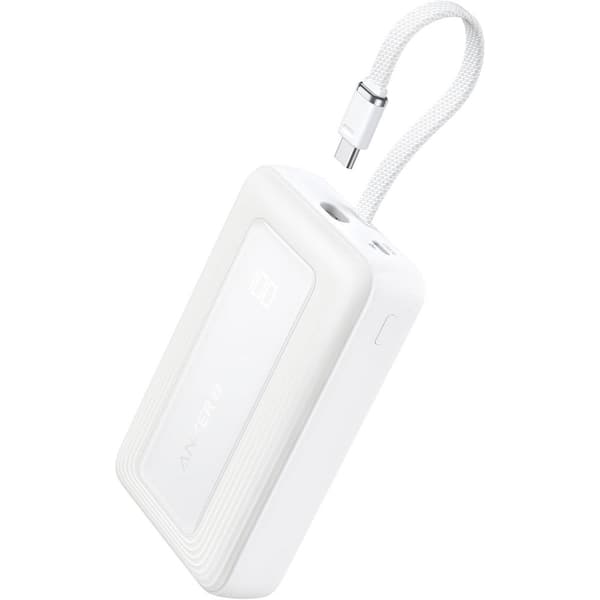 EKIEUDL 20000mAh Portable Charger Power Bank, PD30-Watt Fast Charging w/ Built-in USB-C Cable 1 USB-C 1 USB-A for iPhone White
