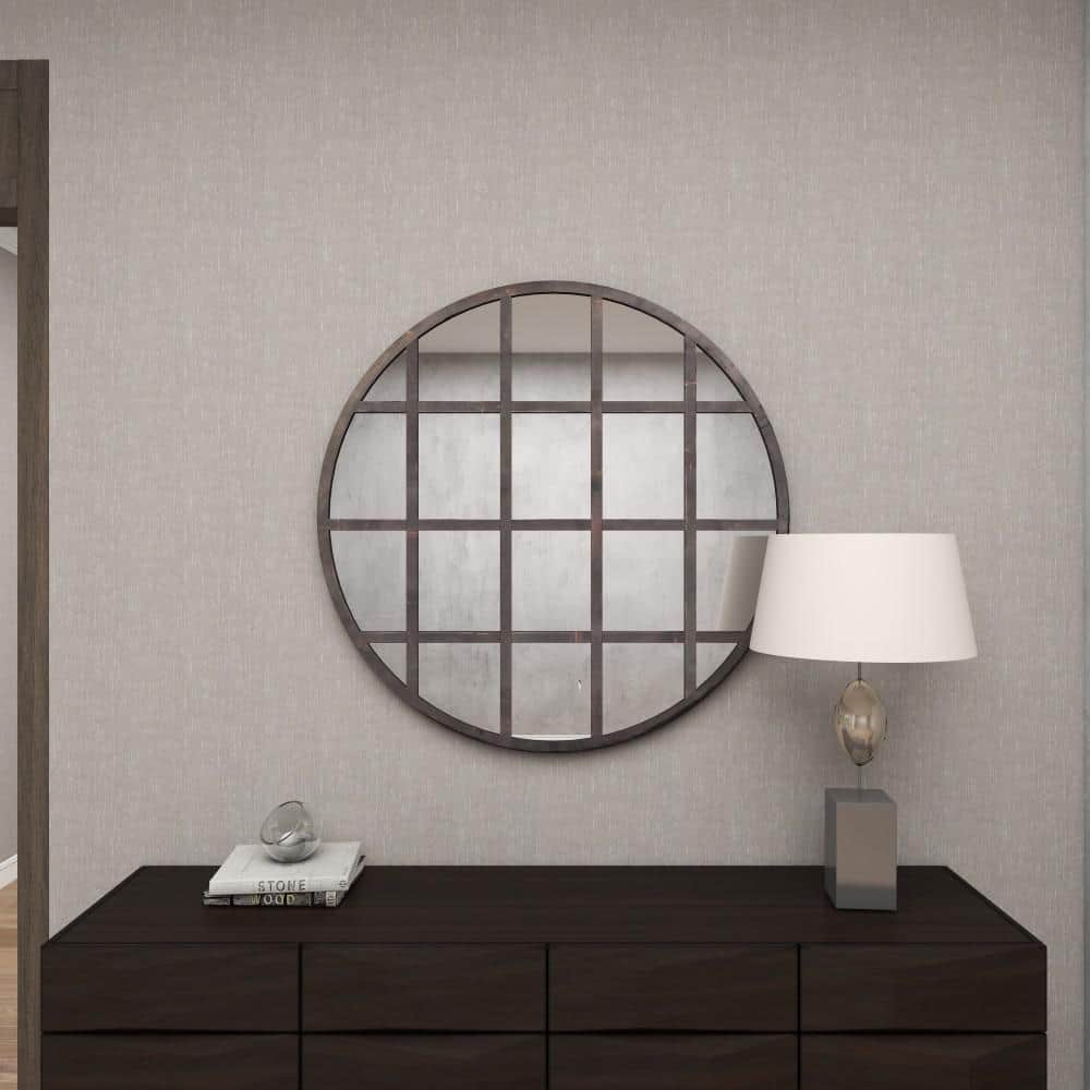 36" Round Bronze and Wood Accent Mirror