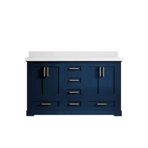 Boston 60 in. W x 22 in. D x 36 in. H Double Sink Bath Vanity in Navy Blue with 2" White Quartz Top