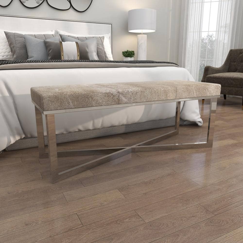 Gray Handmade Cowhide Bench with Silver Metal X-Base