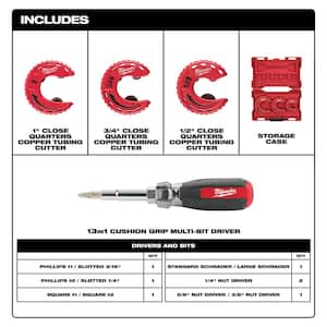 Close Quarters Copper 1/2 in. to 1 in. Tubing Cutter Set and 13- in-1 Screwdriver with Schrader Bit