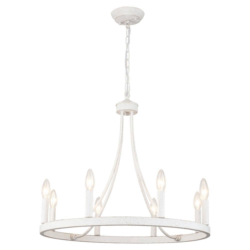 8-Light Distressed White Modern Adjustable Height Light Fixture Wagon Wheel