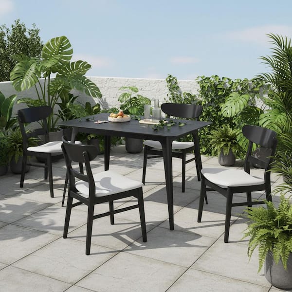 5-Piece Black Wood Outdoor Dining Set with Gray Cushions
