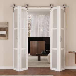 72 in. x 84 in. 3-Lite Tempered Frosted Glass White Finished MDF Bi-Fold Sliding Barn Door with Hardware Kit Nickel