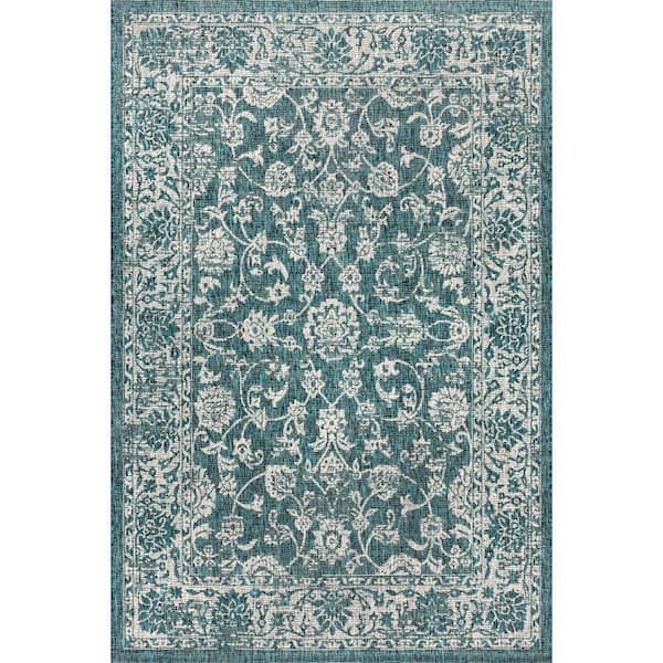 Tela Bohemian Teal/Gray 5 ft. 3 in. x 7 ft. 7 in. Textured Weave Floral Indoor/Outdoor Area Rug