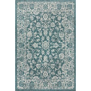 Tela Teal/Gray 9 ft. x 12 ft. Bohemian Textured Weave Floral Indoor/Outdoor Area Rug