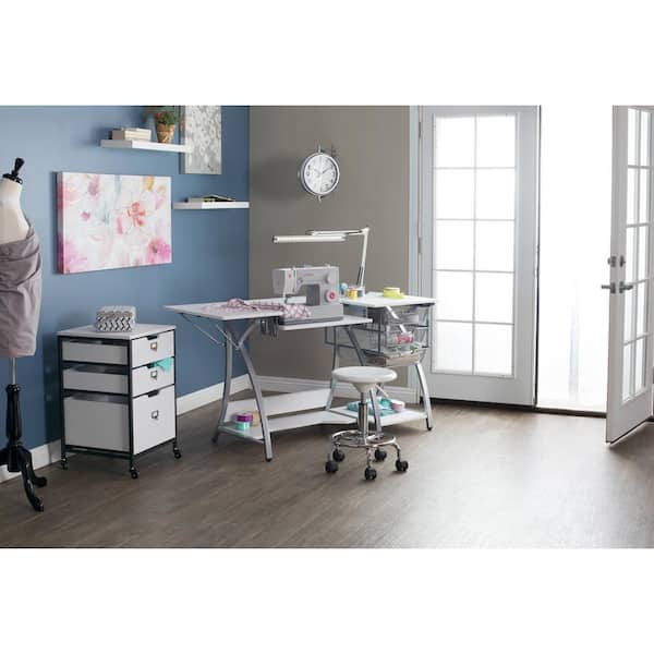Pro Stitch 56.75 in. W PB Craft Sewing Table with Metal Mesh Drawers, Side Shelf, Drop-Down Platform in Silver/White