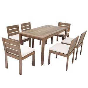 7-Piece Acacia Wood Outdoor Dining Set with Dining Table, Beige Cushions, Suitable for Patio, Balcony, Backyard