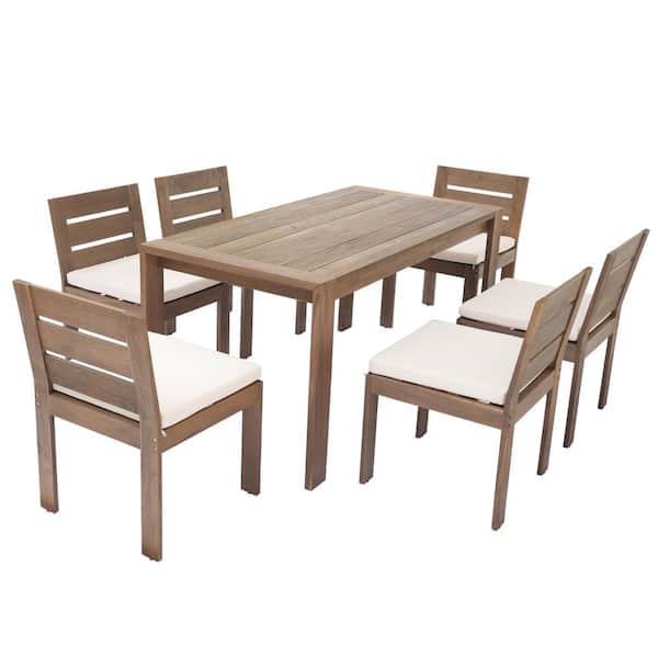 Unbranded 7-Piece Acacia Wood Outdoor Dining Set with Dining Table, Beige Cushions, Suitable for Patio, Balcony, Backyard