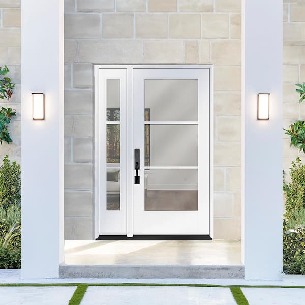 Legacy 53 in. x 80 in. Icon 3-Lite Modern Clear Glass RHIS Primed Fiberglass Prehung Front Door w/ 14 in. SL