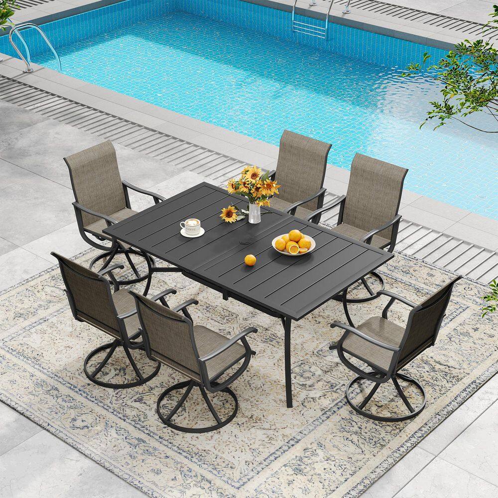 All Weather 7-Piece Metal Outdoor Patio Dining Set w/ 59.2 in. Black Rectangular Table and 6 Brown Swivel Dining Chairs price history on PriceWatchPro