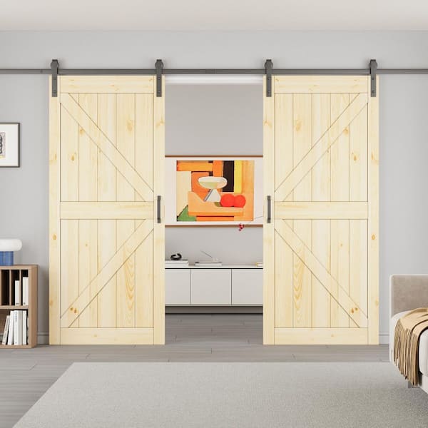 ARK DESIGN 72 in. x 84 in. 2-Panel Pine Solid Wood Unfinished Double Sliding Barn Door Slab with Hardware Kit