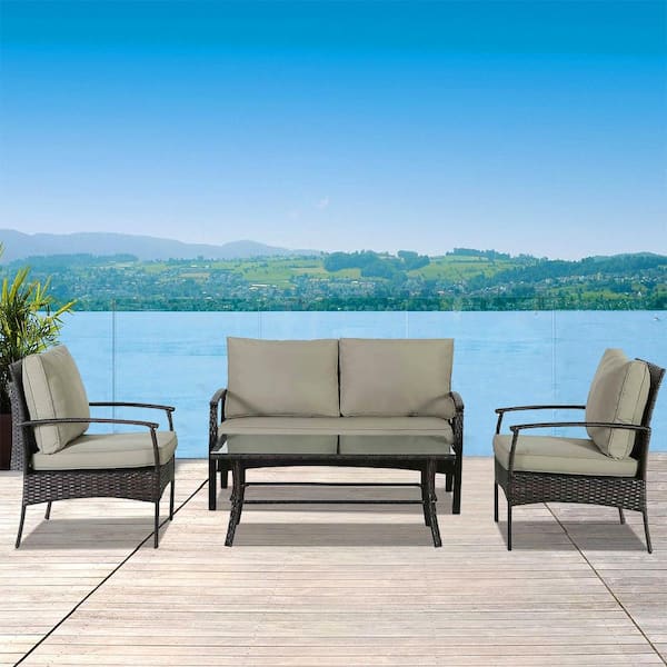 Unbranded 4-Piece Brown Wicker Rattan Outdoor Lounge Sectional Sofa Set with Beige Cushion and Coffee Table